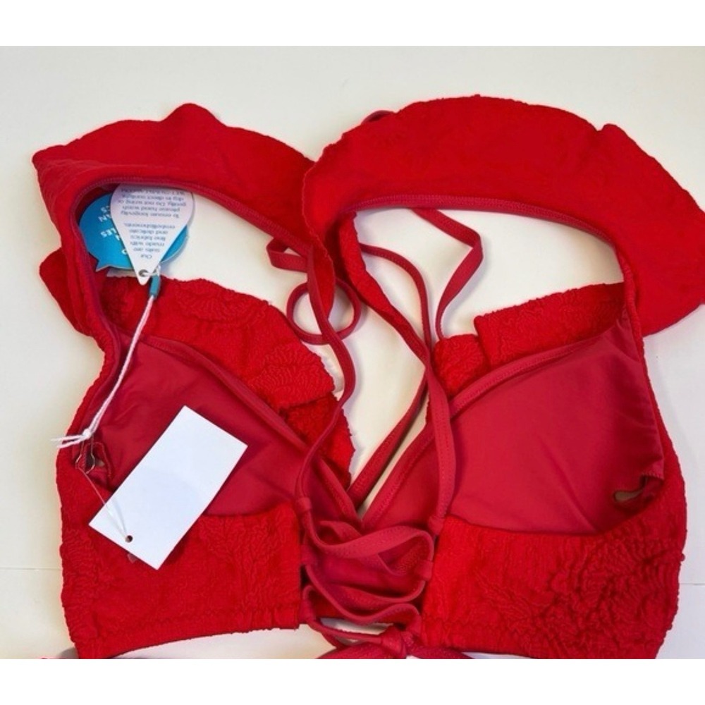WET Swimwear Poppy Red Jacquard Penelope Bikini Top Ruffle Lace‎ Up Large - Picture 5 of 6